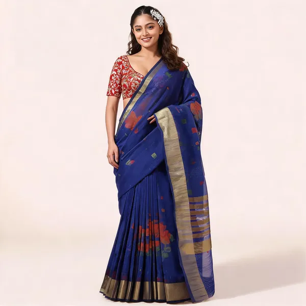 Blue_Silk_Blend_Handloom_Floral_Saree_With_Blouse_Piece_For_Women