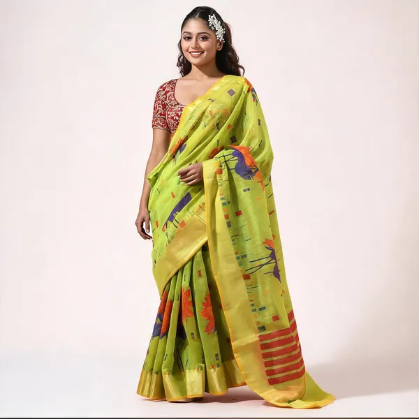 Green_Silk_Blend_Handloom_Floral_Saree_With_Blouse_Piece_For_Women