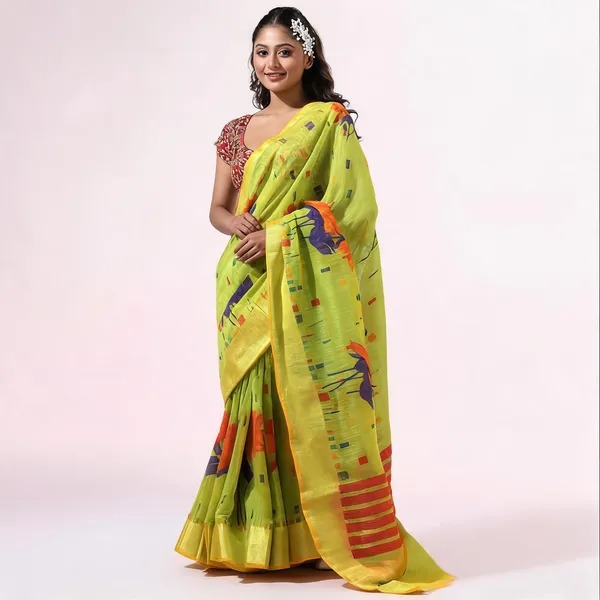 Green_Silk_Blend_Handloom_Floral_Saree_With_Blouse_Piece_For_Women