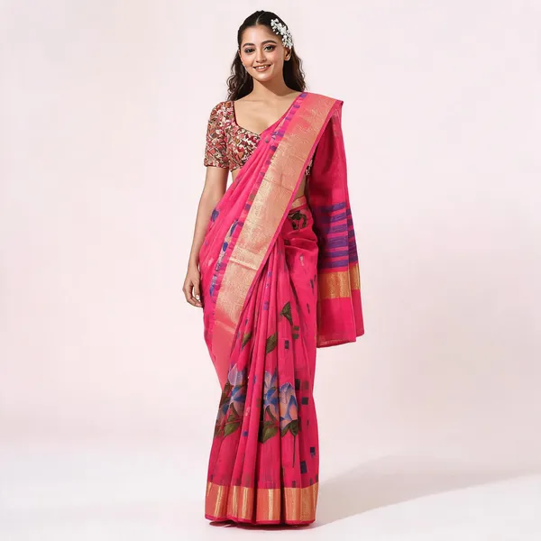 Pink_Silk_Blend_Floral_Handloom_Saree_With_Blouse_For_Women