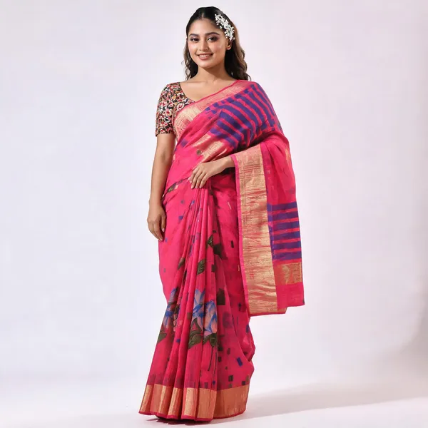 Pink_Silk_Blend_Floral_Handloom_Saree_With_Blouse_For_Women