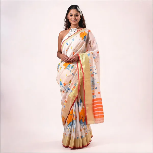 White_Silk_Blend_Floral_Handloom_Saree_With_Blouse_For_Women