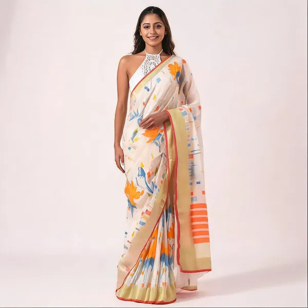 White_Silk_Blend_Floral_Handloom_Saree_With_Blouse_For_Women