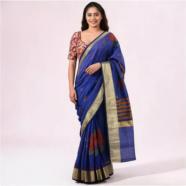 Blue_Silk_Blend_Handloom_Floral_Saree_With_Blouse_For_Women