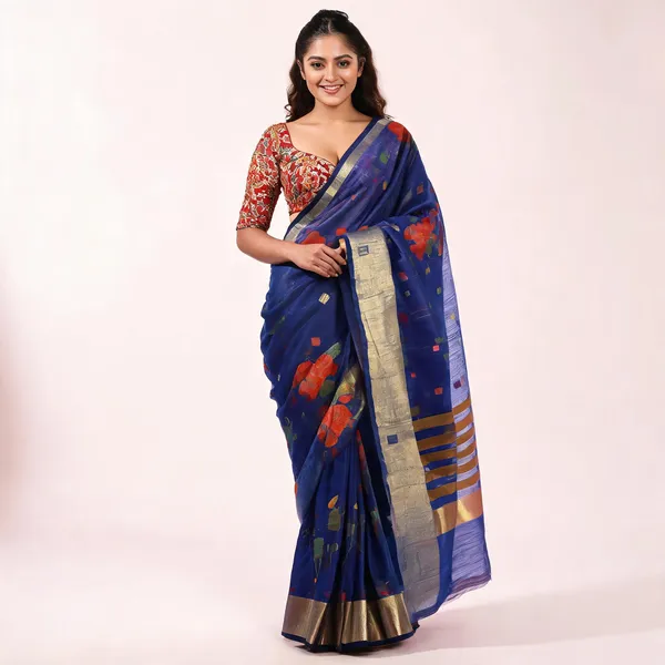 Blue_Silk_Blend_Handloom_Floral_Saree_With_Blouse_For_Women