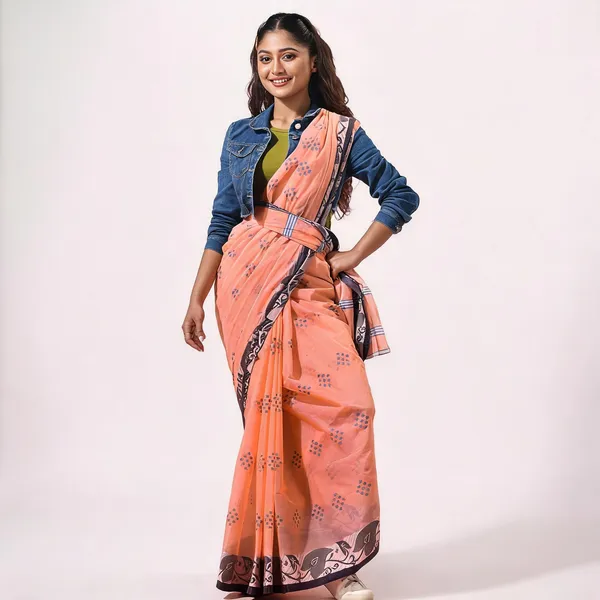 Peach_Cotton_Paisley_Tant_Handloom_Saree_For_Women