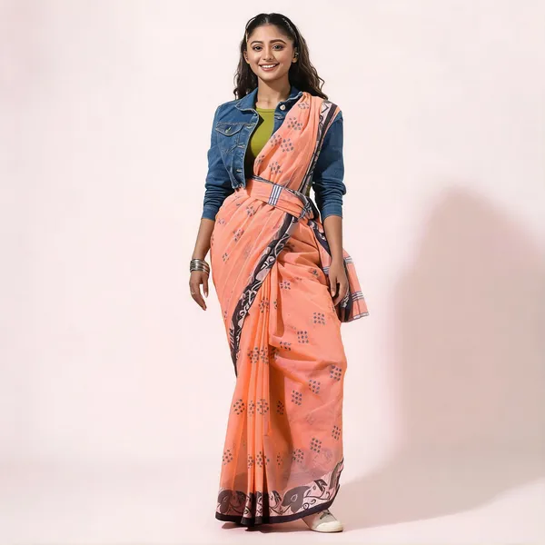 Peach_Cotton_Paisley_Handloom_Tant_Saree_For_Women