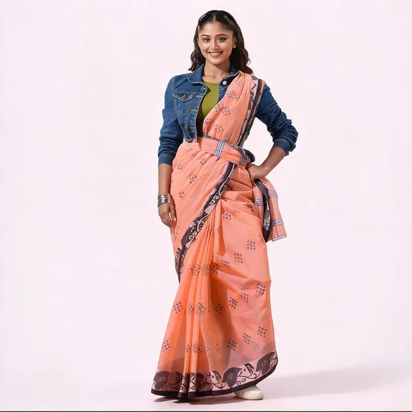Peach_Cotton_Paisley_Handloom_Tant_Saree_For_Women