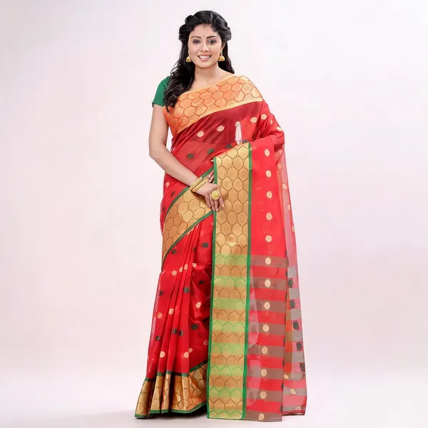Golden_Red_Green_Cotton_Handloom_Tant_Saree_For_Women
