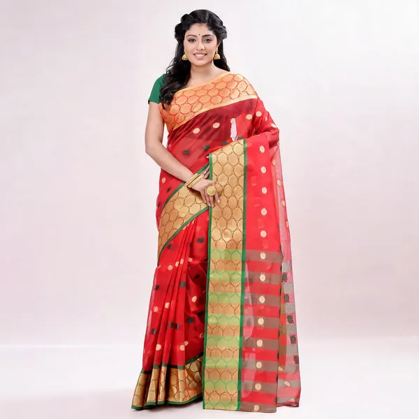 Golden_Red_Green_Cotton_Handloom_Tant_Saree_For_Women
