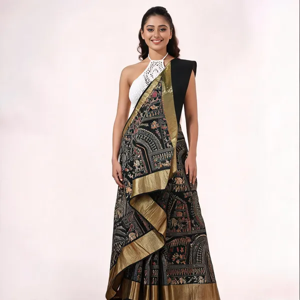 Black_Cotton_Silk_Handloom_Floral_Tant_Saree_With_Blouse_For_Women