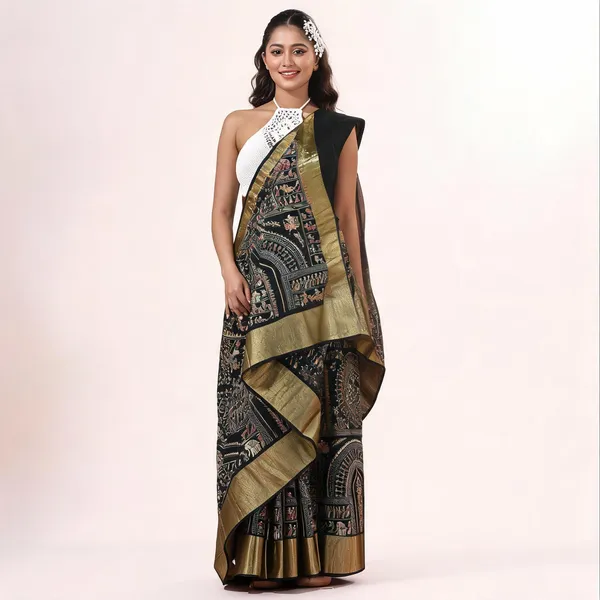 Black_Cotton_Silk_Handloom_Floral_Tant_Saree_With_Blouse_For_Women