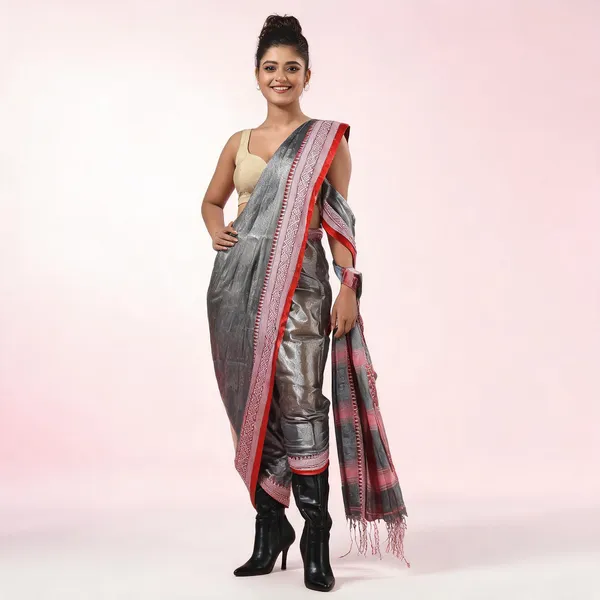 Dark_Grey_Cotton_Tissue_Silk_Handloom_Striped_Saree_With_Blouse_Piece_For_Women
