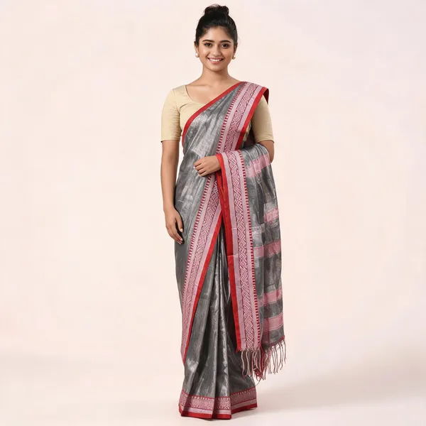 Dark_Grey_Cotton_Tissue_Silk_Handloom_Striped_Saree_With_Blouse_Piece_For_Women