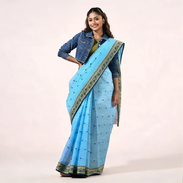 Blue_Cotton_Handloom_Tant_Floral_Saree_For_Women