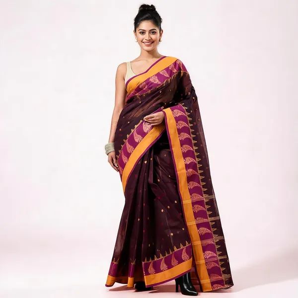 Brown_Cotton_Handloom_Tant_Paisley_Saree_For_Women