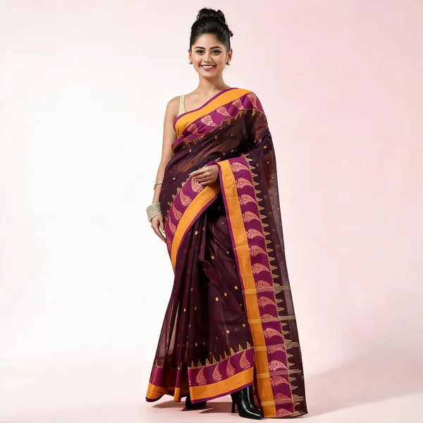 Brown_Cotton_Handloom_Tant_Paisley_Saree_For_Women
