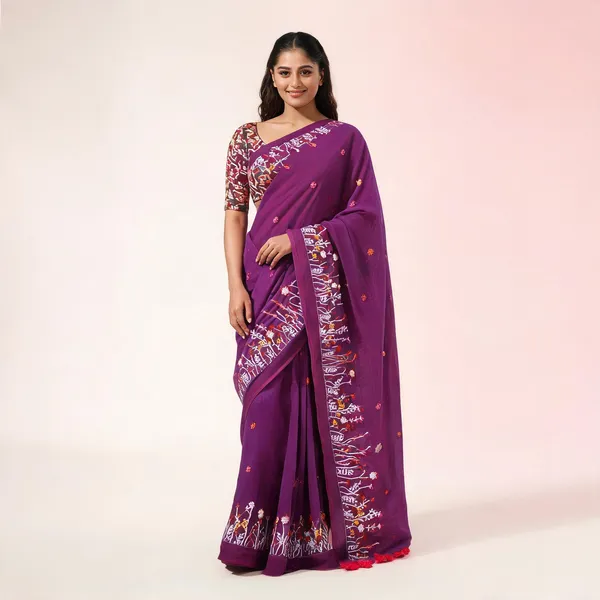 Purple_Cotton_Floral_Handloom_Tant_Saree_With_Blouse_For_Women