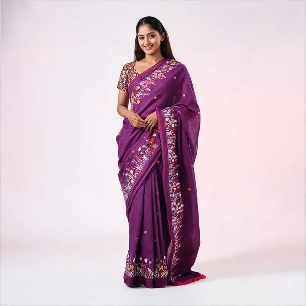 Purple_Cotton_Floral_Handloom_Tant_Saree_With_Blouse_For_Women