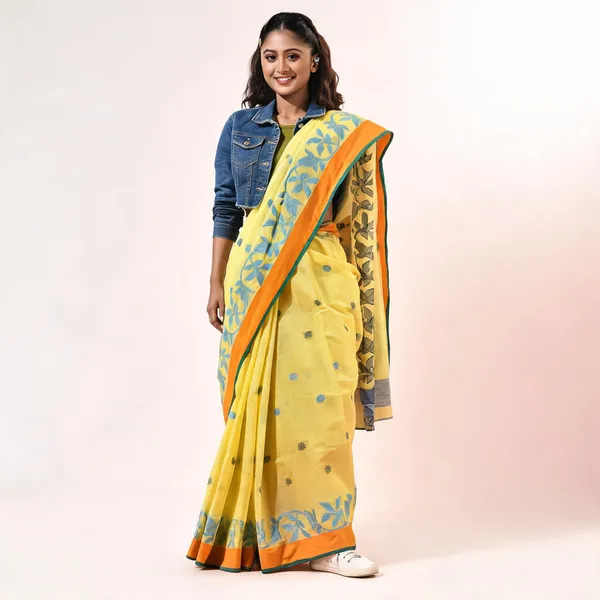 Yellow_Cotton_Handloom_Tant_Floral_Saree_For_Women