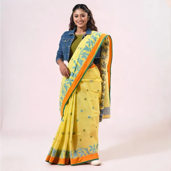 Yellow_Cotton_Handloom_Tant_Floral_Saree_For_Women