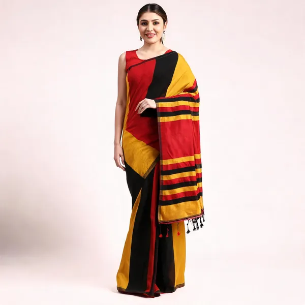 Black_Yellow_Red_Cotton_Tant_Handloom_Woven_Saree_With_Blouse_Piece_For_Women