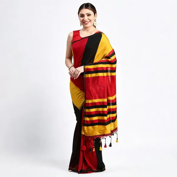 Black_Yellow_Red_Cotton_Tant_Handloom_Woven_Saree_With_Blouse_Piece_For_Women