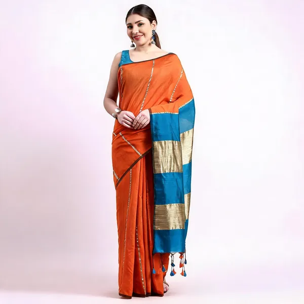 Orange_Blue_Cotton_Handloom_Temple_Style_Saree_With_Blouse_For_Women