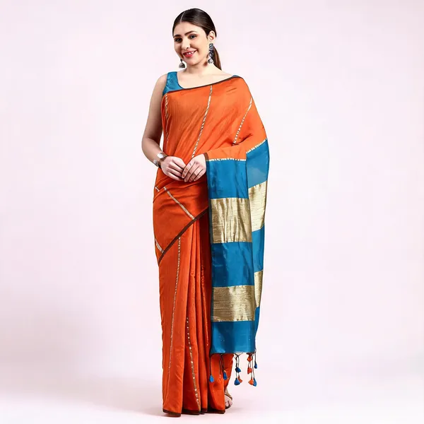 Orange_Blue_Cotton_Handloom_Temple_Style_Saree_With_Blouse_For_Women