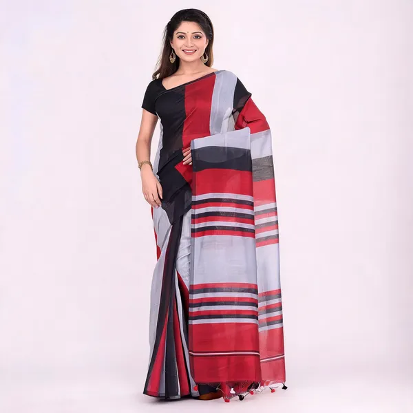 Black_Silver_Red_Cotton_Solid_Woven_Saree_With_Blouse_For_Women