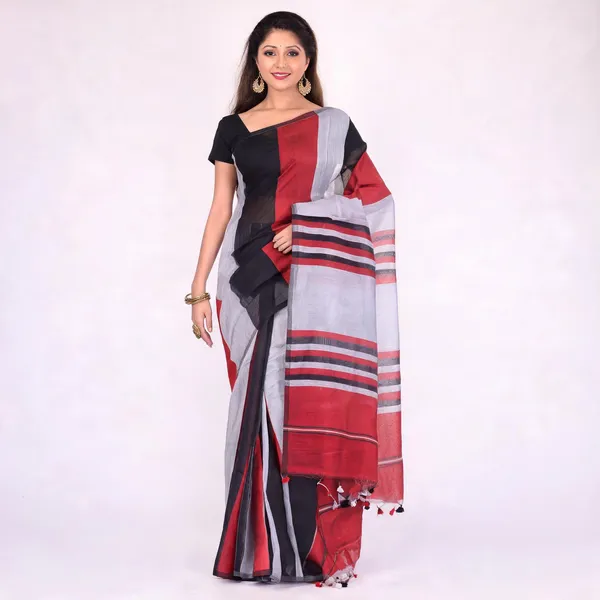 Black_Silver_Red_Cotton_Solid_Woven_Saree_With_Blouse_For_Women