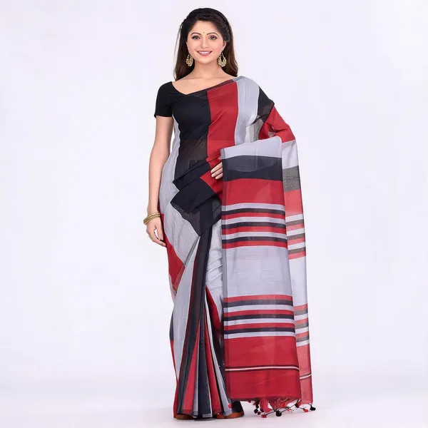 Black_Silver_Red_Cotton_Woven_Solid_Handloom_Saree_With_Blouse_For_Women