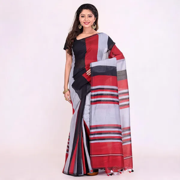 Black_Silver_Red_Cotton_Woven_Solid_Handloom_Saree_With_Blouse_For_Women