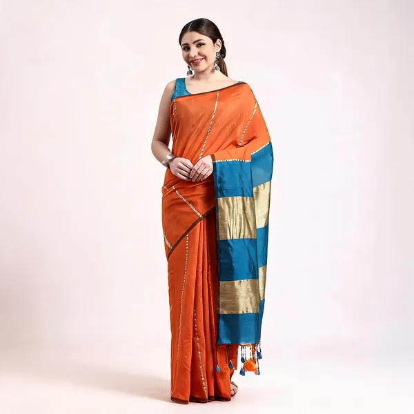 Orange_Blue_Cotton_Woven_Handloom_Saree_With_Blouse_For_Women