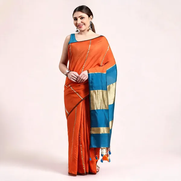 Orange_Blue_Cotton_Woven_Handloom_Saree_With_Blouse_For_Women