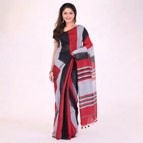 Black_Silver_Red_Cotton_Handloom_Tant_Temple_Saree_With_Blouse_For_Women