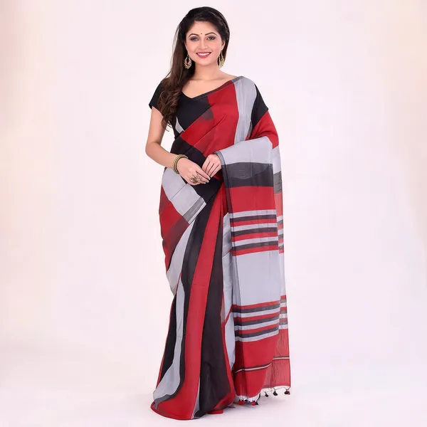 Black_Silver_Red_Cotton_Handloom_Tant_Temple_Saree_With_Blouse_For_Women