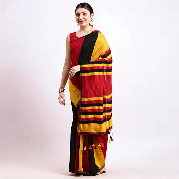Black_Yellow_Red_Cotton_Handloom_Temple_Saree_With_Blouse_For_Women