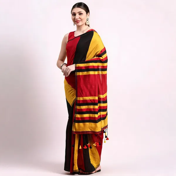Black_Yellow_Red_Cotton_Handloom_Temple_Saree_With_Blouse_For_Women