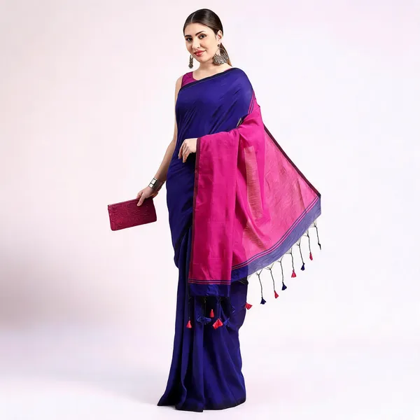 Blue_Pink_Cotton_Woven_Handloom_Saree_With_Blouse_For_Women