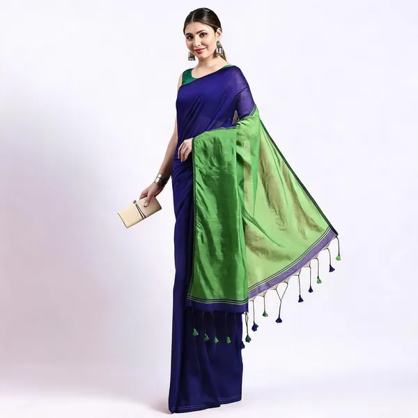 Blue_Green_Cotton_Woven_Handloom_Saree_With_Blouse_For_Women