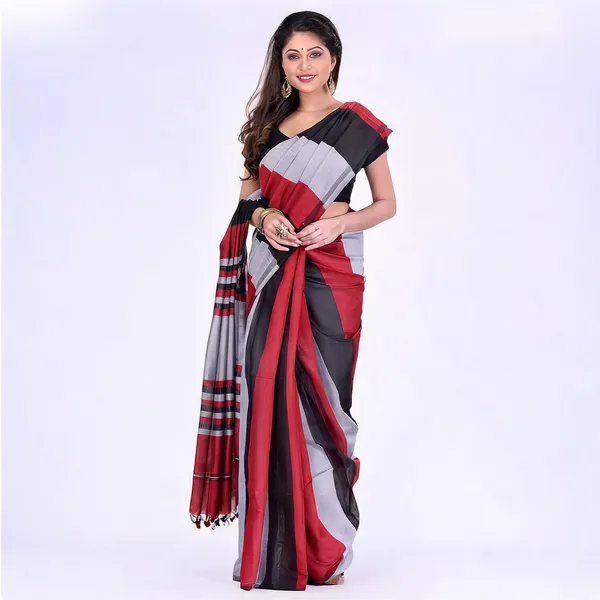 Black_Silver_Red_Cotton_Tant_Handloom_Woven_Saree_With_Blouse_Piece_For_Women