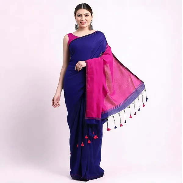 Blue_Pink_Cotton_Woven_Handloom_Saree_With_Blouse_For_Women