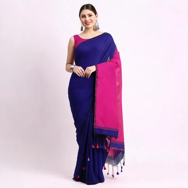 Blue_Pink_Cotton_Woven_Handloom_Saree_With_Blouse_For_Women