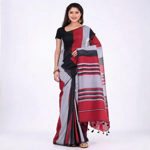 Black_Silver_Red_Cotton_Woven_Handloom_Saree_With_Blouse_For_Women