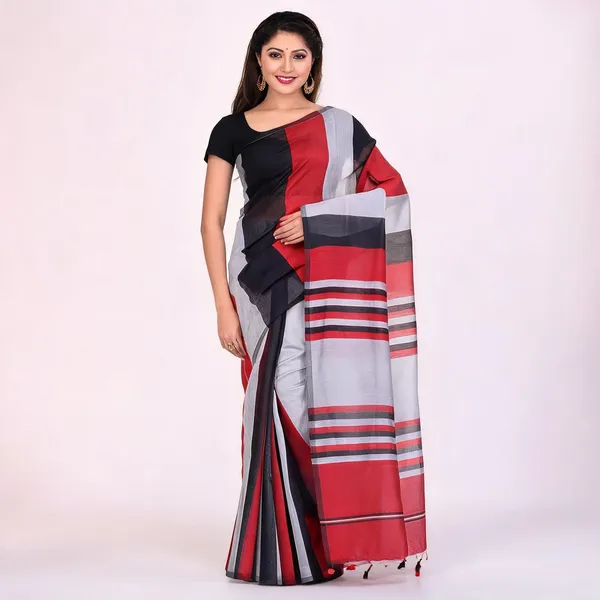 Black_Silver_Red_Cotton_Woven_Handloom_Saree_With_Blouse_For_Women