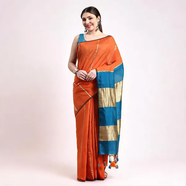 Orange_Blue_Cotton_Tant_Handloom_Woven_Saree_With_Blouse_Piece_For_Women