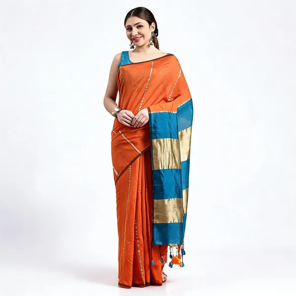 Orange_Blue_Cotton_Tant_Handloom_Woven_Saree_With_Blouse_Piece_For_Women