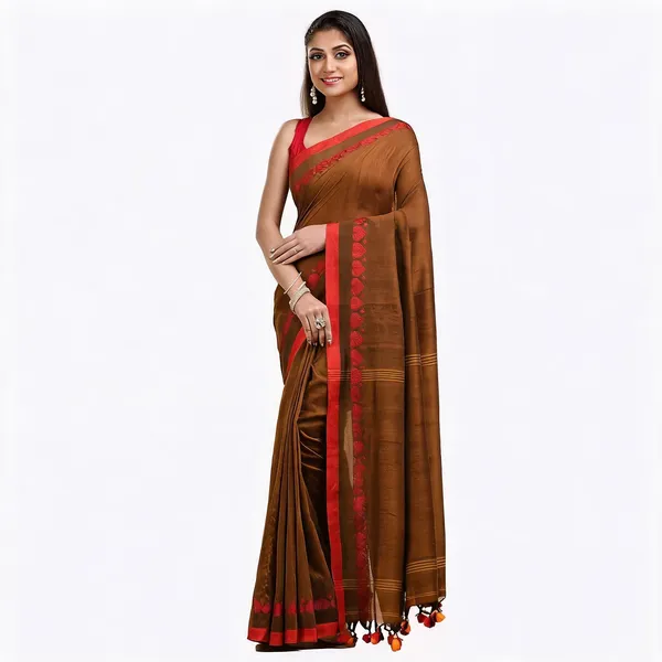 Brown_Cotton_Floral_Woven_Saree_With_Blouse_Piece_For_Women