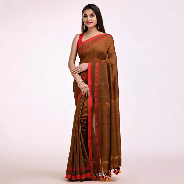 Brown_Cotton_Floral_Woven_Saree_With_Blouse_Piece_For_Women